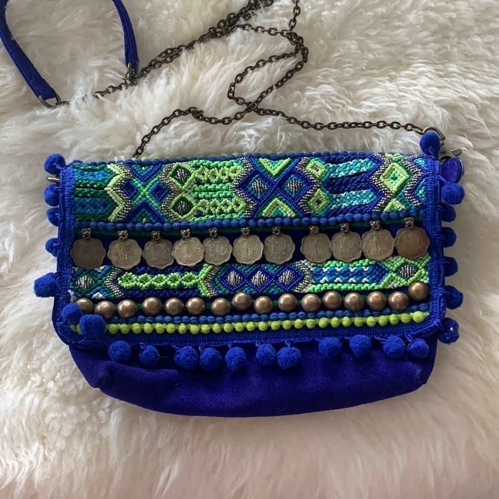 Olivia Dar Electric Blue Beaded Suede Clutch- purse